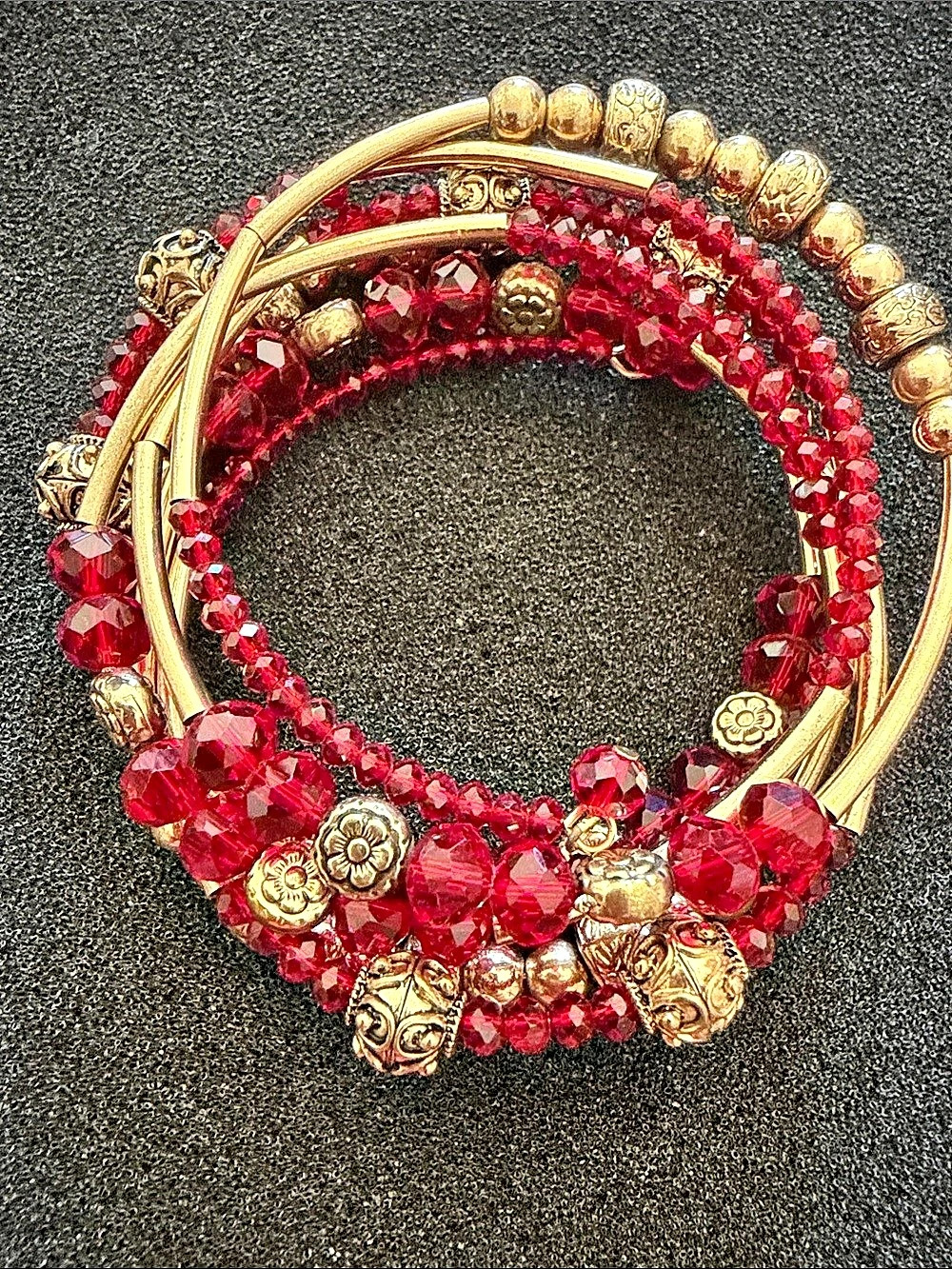 Brand not Found Red & Gold Beaded Bracelet Stack Like New